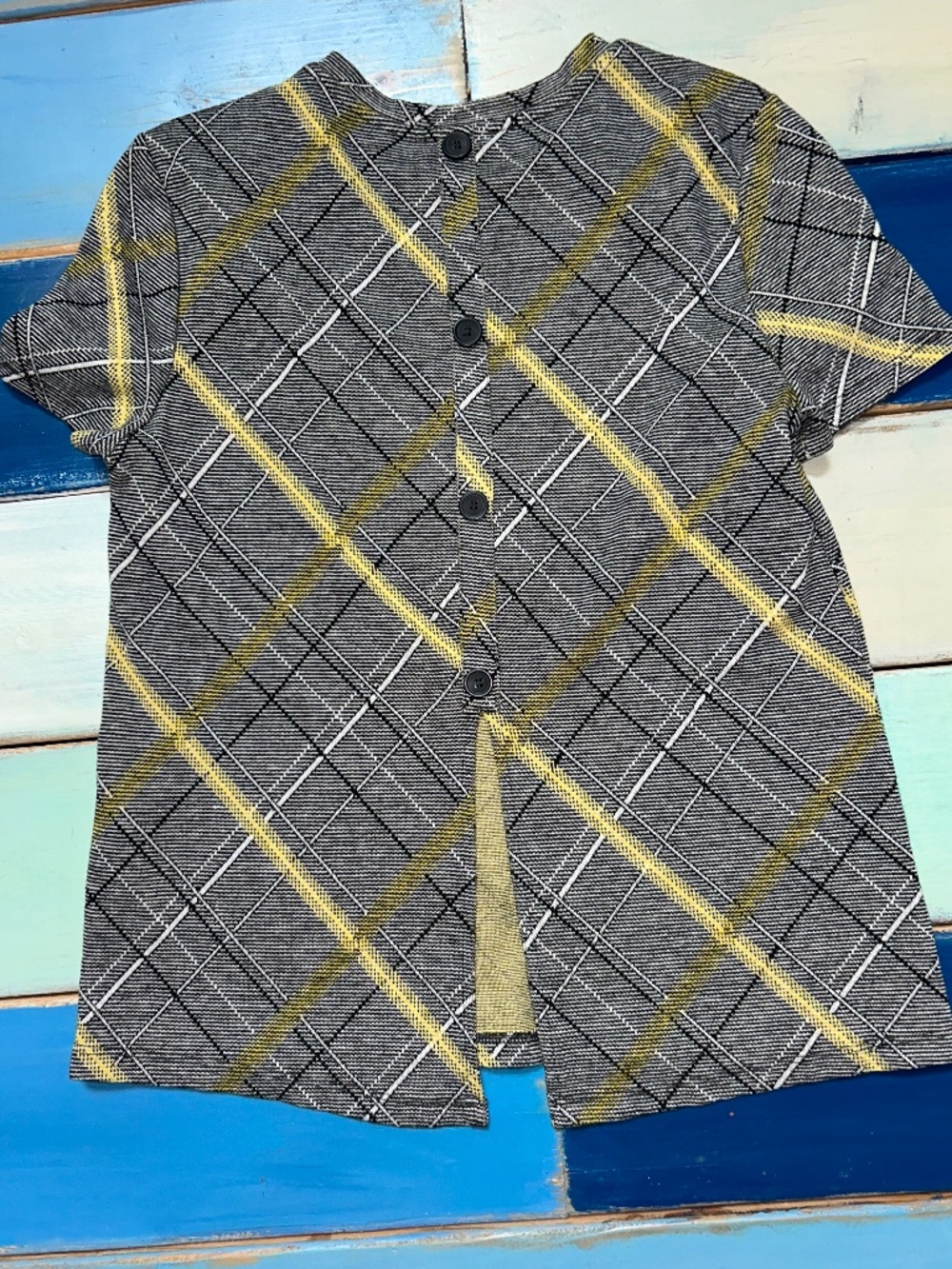 Zara Trafaluc Plaid Knit Top Women's Small Short Sleeve Button Back